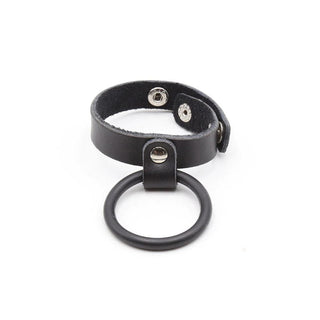 Observe an image of Erection Bondage Sex Toy Ring with leather strap and silicone ring for prolonged erections.