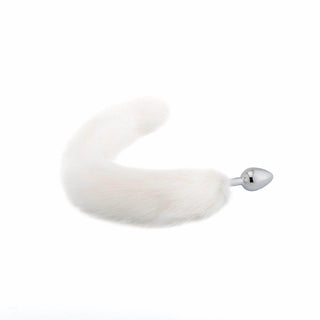What you see is an image of Majestic Arctic Fox Tail Plug 17 Inches Long featuring a silver stainless steel plug and a white faux fur tail.