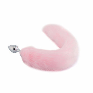 Stainless steel butt plug with 18-inch pink fox tail, a captivating accessory for thrilling adventures.