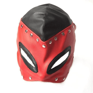 Featuring an image of Naughty Villain Leather Mask with striking black and red color scheme and metallic rivets for a mysterious allure.