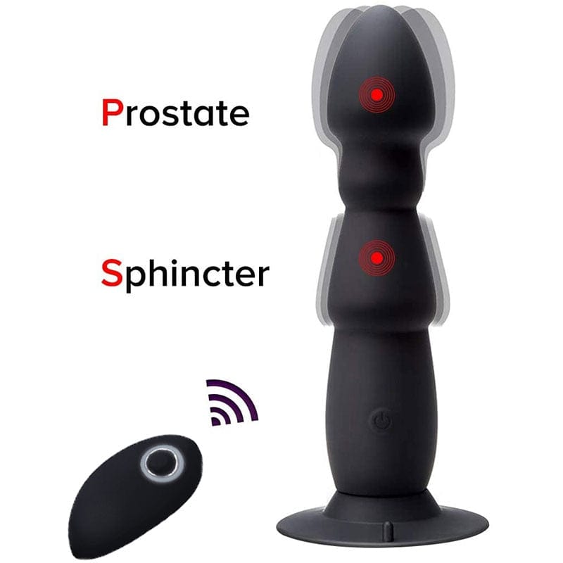 What you see is an image of Auto Remote Anal Massager Suction Cup Male Masturbator with beaded silicone contours and wireless remote control.