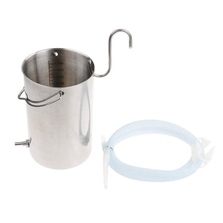 Pictured here is an image of Stainless Steel Enema Kit with 2-liter bucket, silicone hose, adjustable clamp, nozzle, and S-hook for hanging.