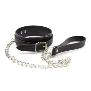 A dual-layered collar designed for intense play sessions, featuring a leather loop handle and metal chain.
