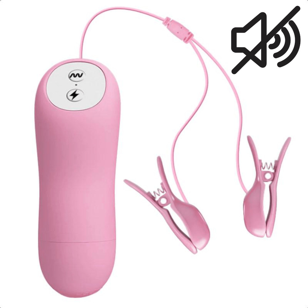 A visual guide to the operation of Pink Vibrating Electro Nipple Clamps Set, with a remote control for intensity adjustment.