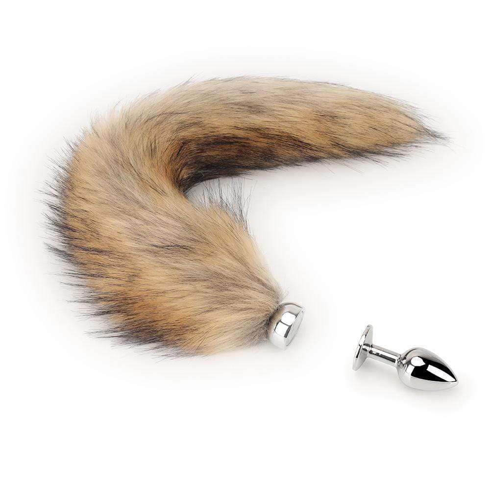 This is an image of a 2.95-inch long Cum Closer Cat Tail Fox Tail Butt Plug in silver color with a detachable faux fur tail.