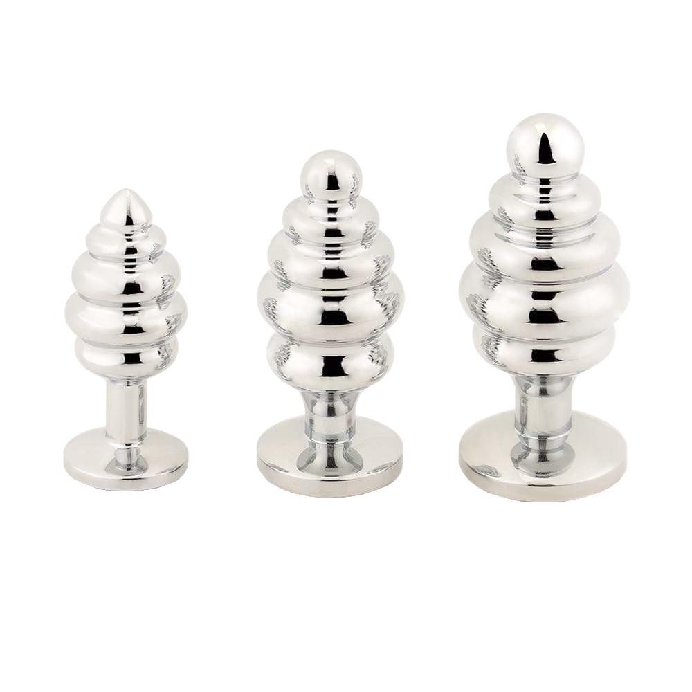 A set of jeweled anal plugs made from stainless steel with a smooth surface and comfortable tapered end for easy insertion.