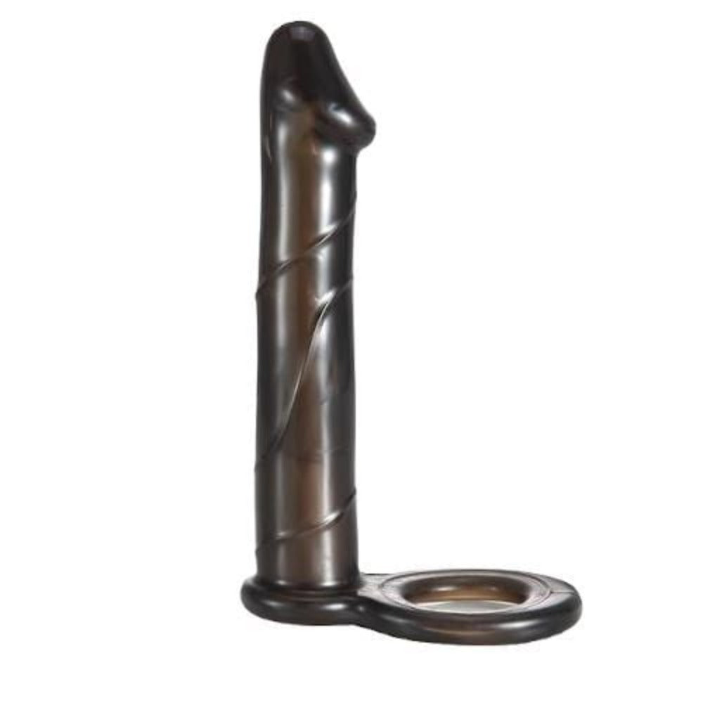 A realistic image of the strap-on dildo extender showcasing its firm yet flexible core, built-in bullet vibrator, and ability to stimulate two pleasure points simultaneously.