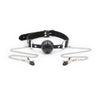 Black leather choker with clamps and metal chain, perfect for bondage enthusiasts.