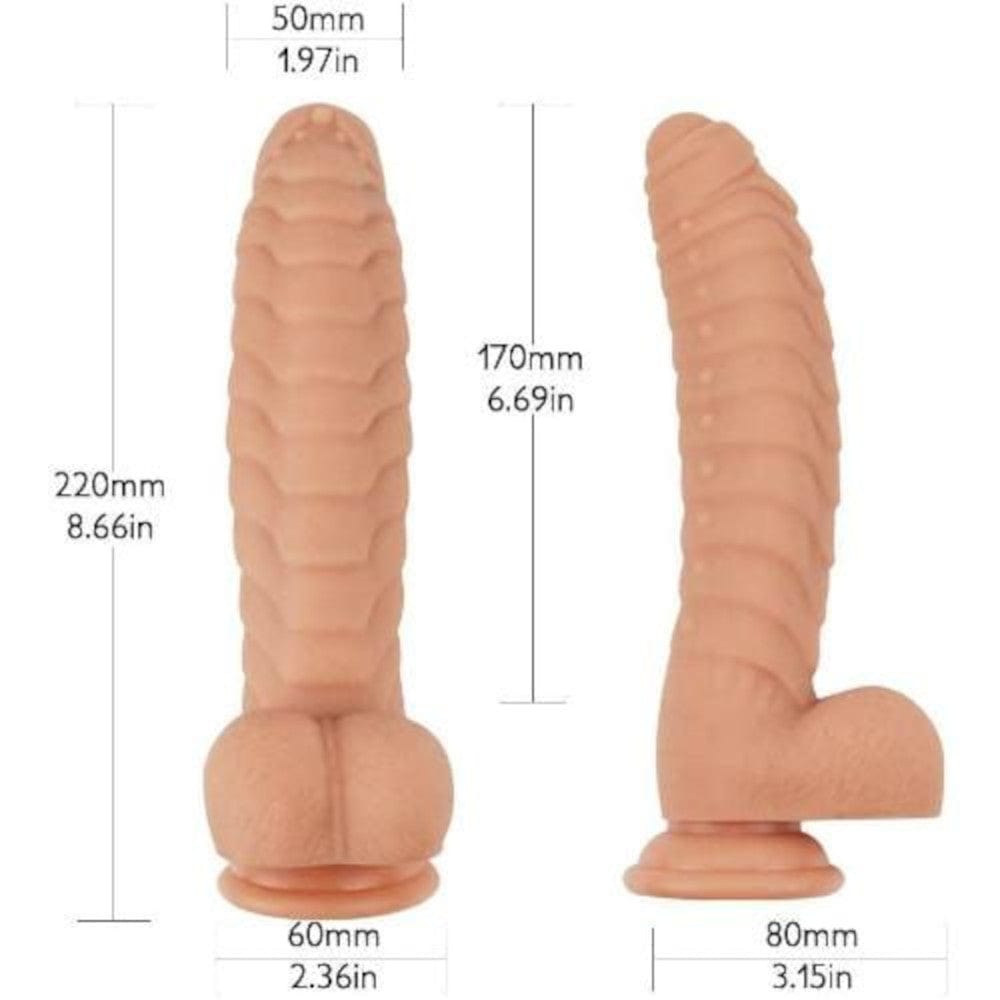 Image of a ribbed fantasy dildo with a strong suction cup, ideal for solo play or couple
