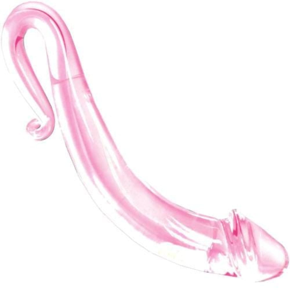 Curved pink glass dildo with tentacle-like and bulbous tips, 6.5 inches long and 1.3 inches thick.