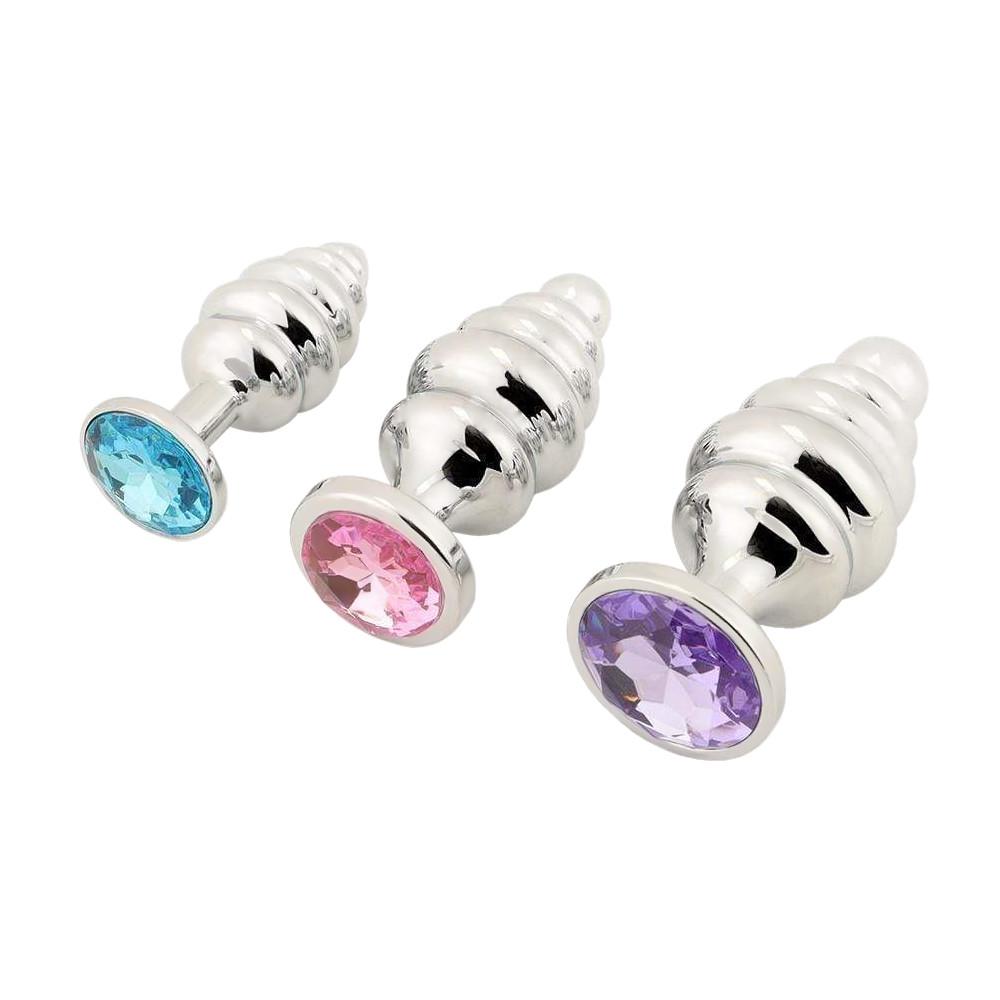 Silver helix-shaped anal plugs in sizes ranging from 2.87 to 3.74 inches, designed for ultimate pleasure and comfort.