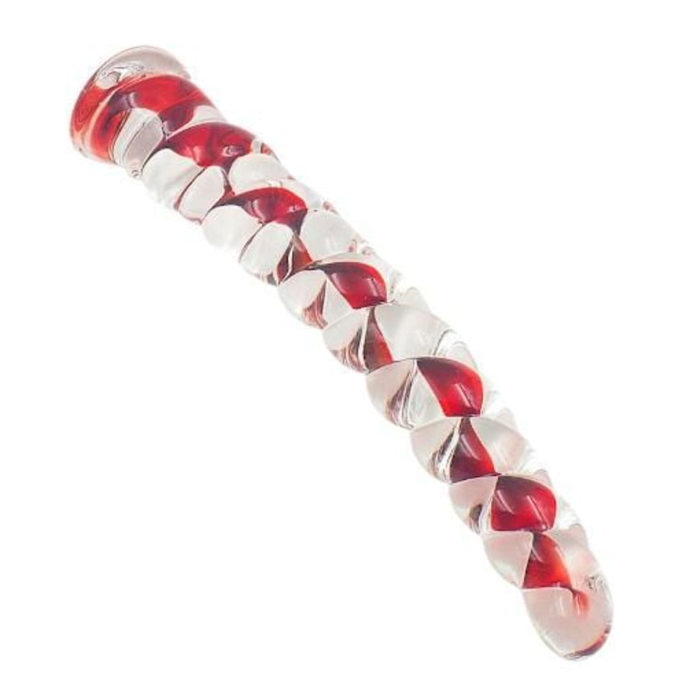 Glass dildo with a curved shape to target the G-spot or prostate, ideal for temperature play, hypoallergenic and non-toxic.