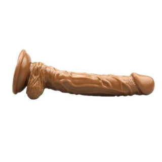 Here is an image of a black and brown realistic dildo made of squishy material for a lifelike feel.