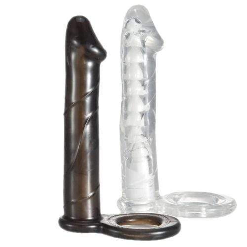 Featuring an image of Get Fulfilled 6-Inch Cock Sheath Strapless Dildo Extender in black and transparent colors with a lifelike texture and dual-action design for heightened pleasure.