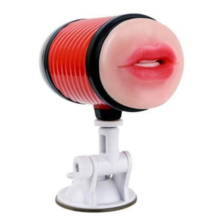 Observe an image of Dual Glory Hole Thrusting Blowjob Machine Suction Cup Automatic Male Stroker in red color.