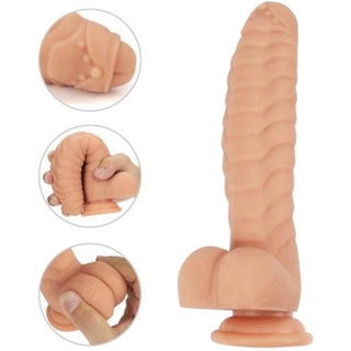 Image of a silicone dildo with strong suction cup for hands-free pleasure and versatile use in various sex positions.