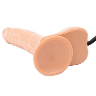 Large colored inflatable realistic dildo in chocolate color with suction cup for hands-free play.