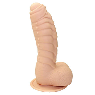 Presenting an image of Scaly 6 Inch Silicone Suction Cup Dragon Dildo Male With Testicles demonstrating its textured, curved shaft and large knobby head for intense stimulation.