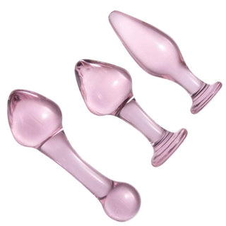 Featuring an image of Pink Crystal Glass Plug 3 Piece Anal Training Set showcasing the lengths and diameters of each plug.