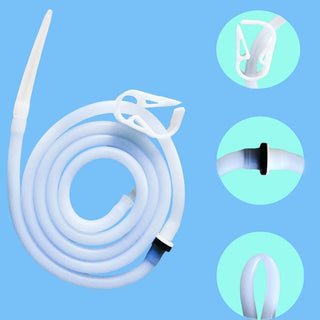 Enema Bag accessories including 2 nozzle tips, tube, connector, hook, and clamp.