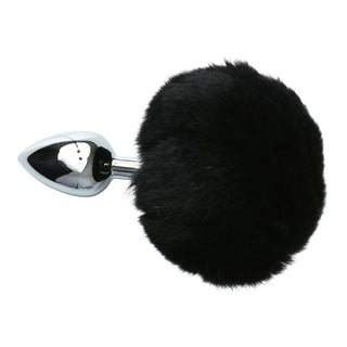 This is an image of the Black Stainless Steel Bunny Tail Butt Plug, available in three sizes for a perfect fit.