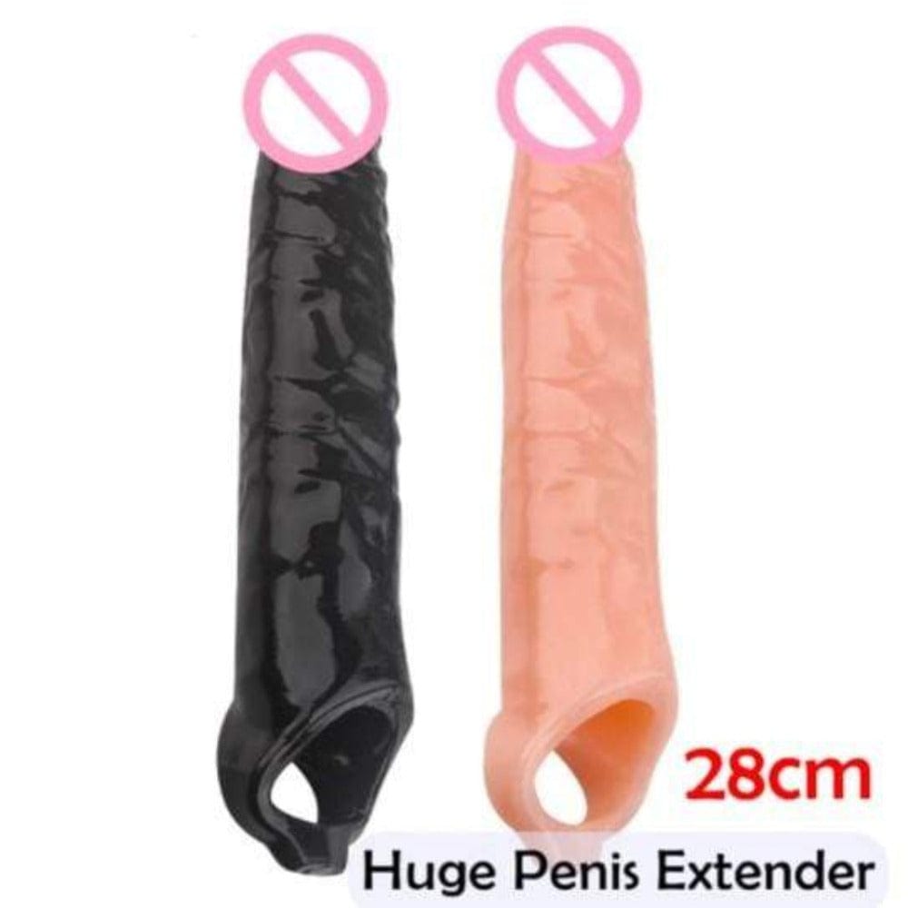 An image showing the dimensions of the penis enlargement sleeve, including length, diameter, and ring size options.