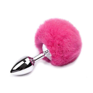 This is an image of 3 Bunny Tail Plug Stainless Steel with a playful yellow faux fur tail.