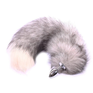 Realistic 15.7 inch wolf tail with stainless steel plug for wild dominance and submission play.