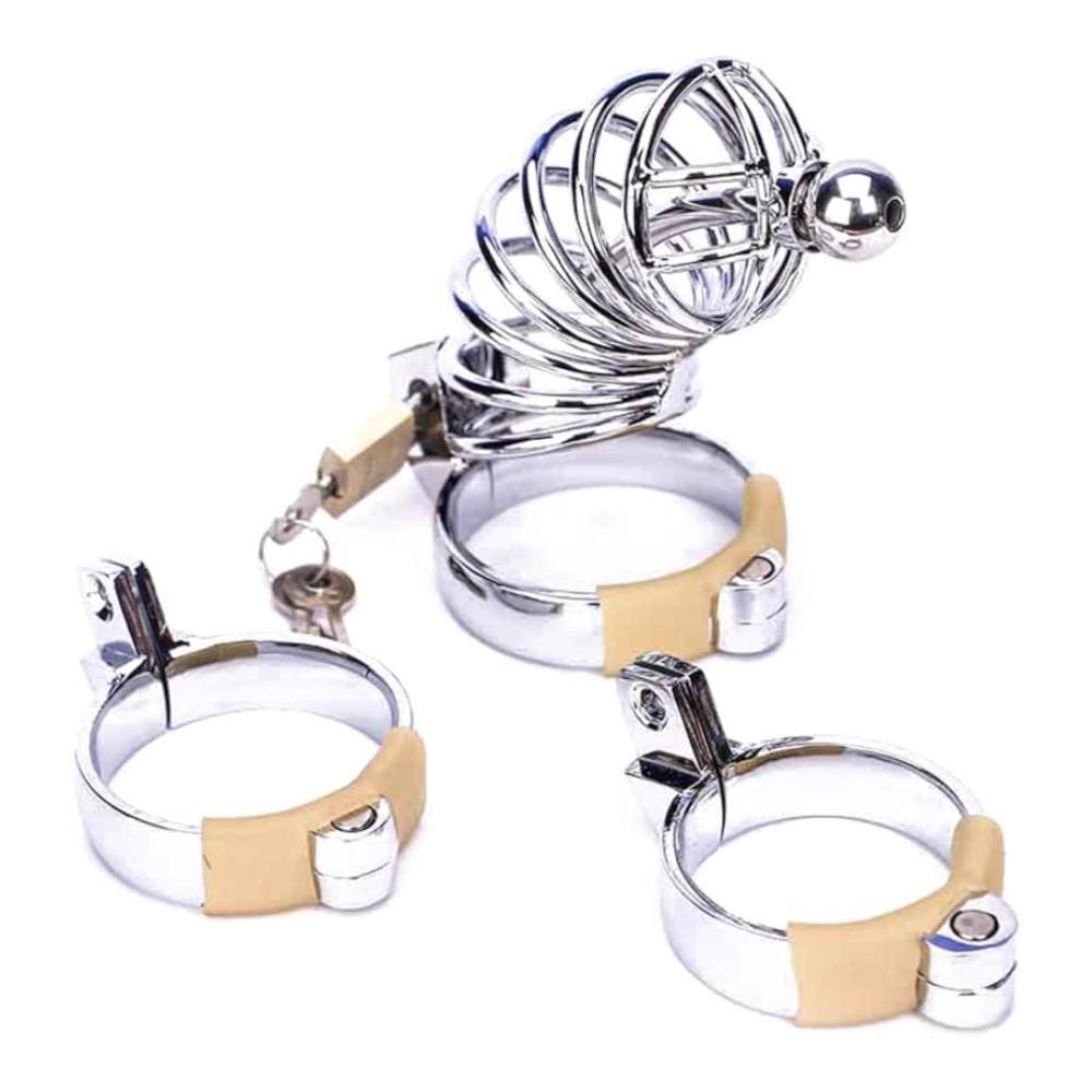 Stainless steel chastity device with cage length of 4.33 inches and imposing ring design.
