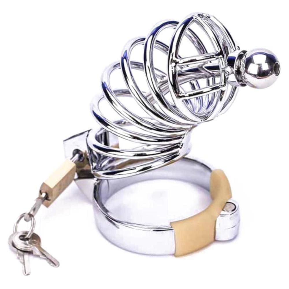 Metal chastity device with three cock ring sizes and lock set for BDSM play.