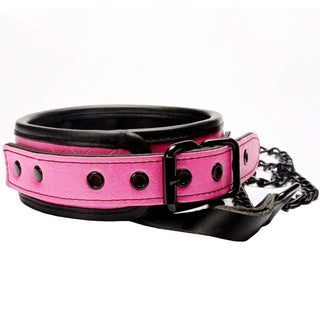 Sleek black and pink leather collar with metal leash, designed for power play and sensory contrast.