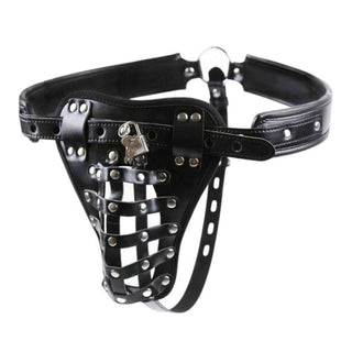 Presenting an image of Black Leather Sex Toy Male Chastity Belt with round studded details for a luxurious aesthetic.