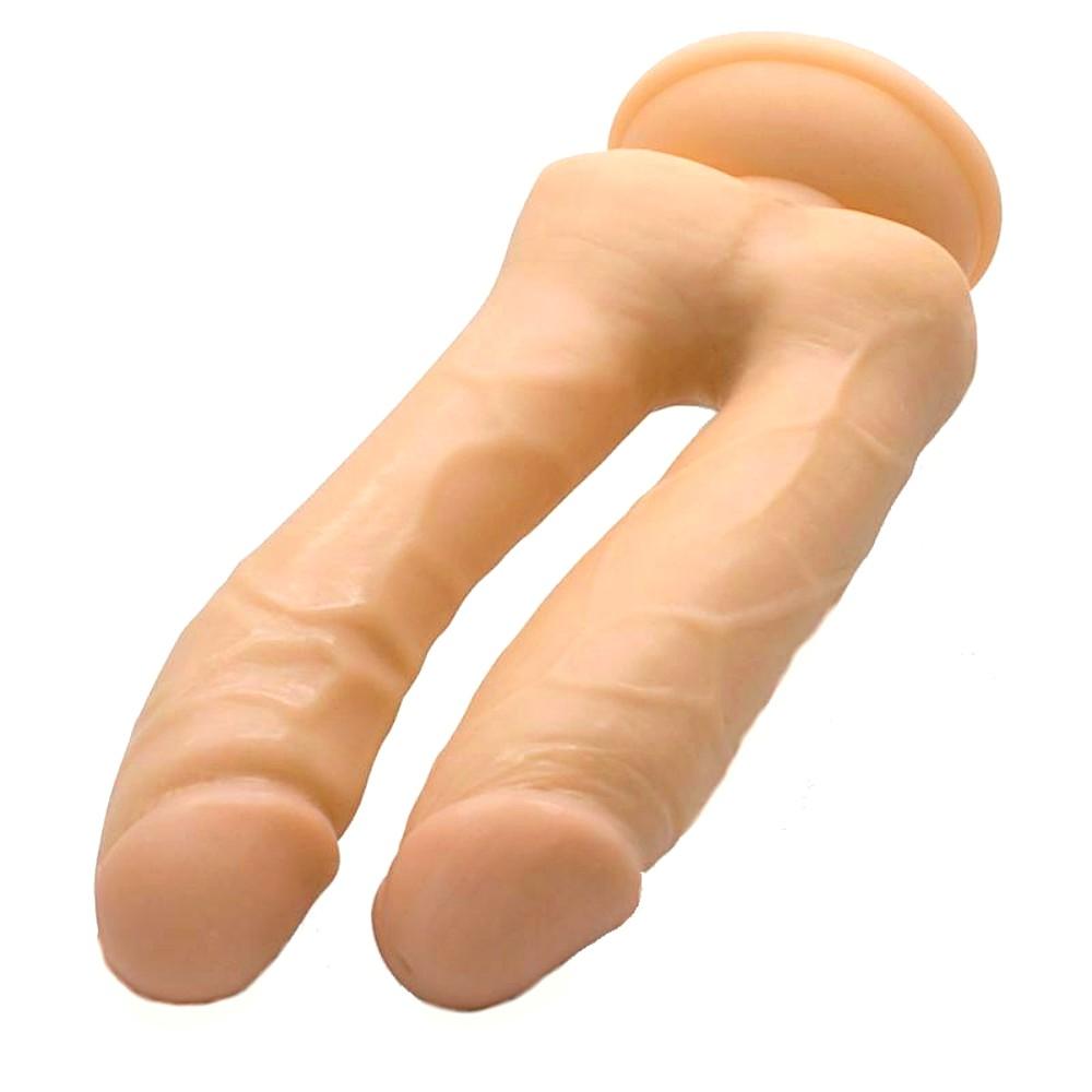 Photo of the double penetration dildo in flesh color for a realistic experience with twin peaks of delight.