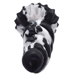 A black and white knotted dildo with a head width of 1.18 inches, middle width of 1.96 inches, and base width of 2.20 inches.
