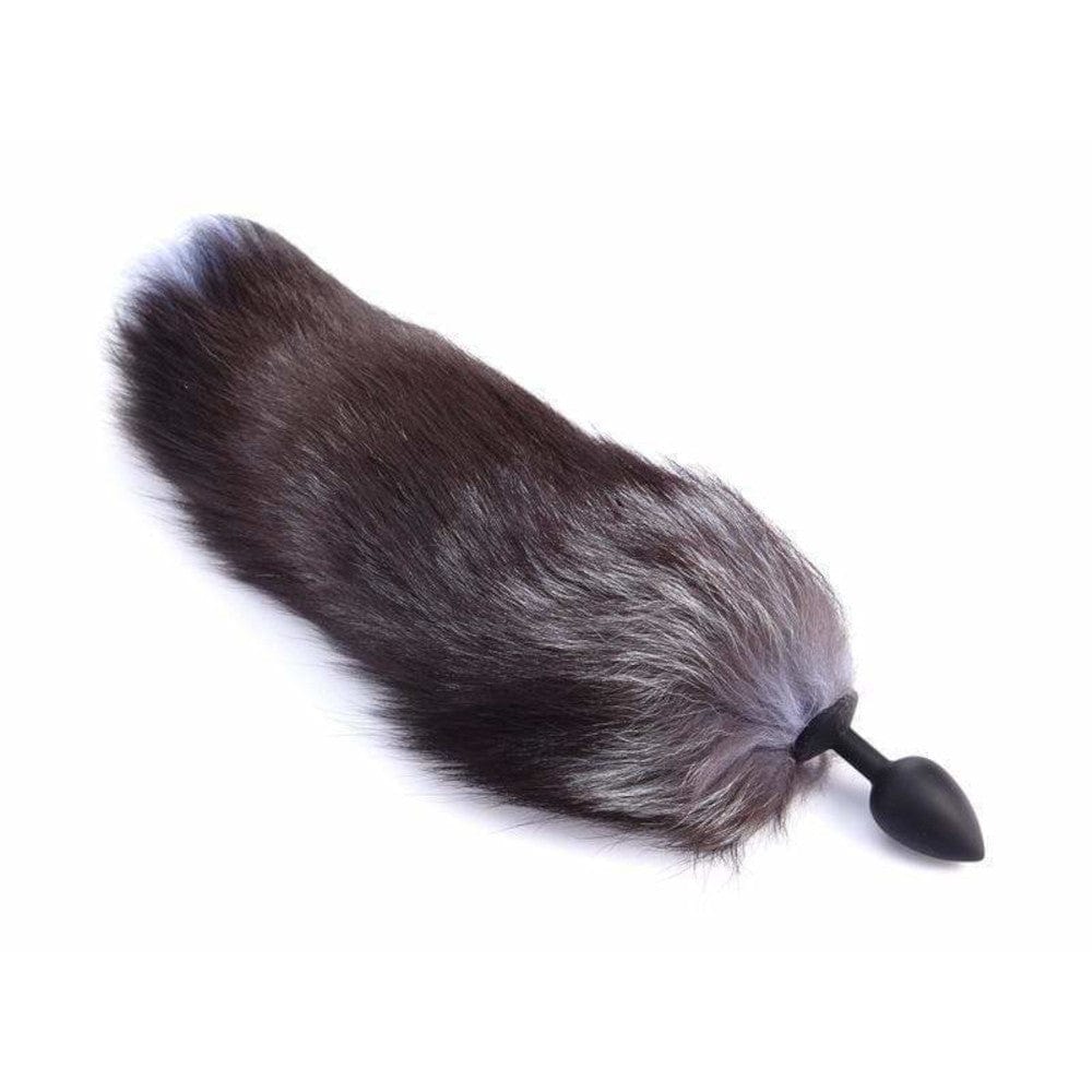 What you see is an image of Gray Fox Tail Plug 16 Inches Long in gray color with black and silver tail plug options.