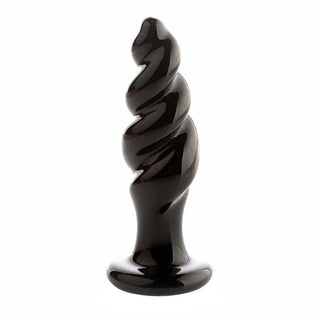 This is an image of Black Spiral Glass Anal Plug, featuring unique swirls and ridges for intense sensations.