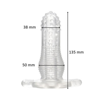 Displaying an image of Soft Textured Hollow Butt Plug with a larger dotted plug measuring 1.97 inches in width.