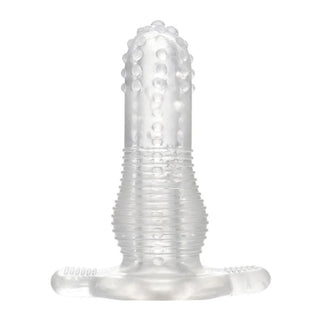 Displaying an image of Soft Textured Hollow Butt Plug 5.31 inches long with pleasure nubs and ridged texture.