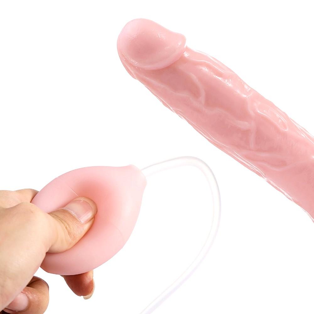 Featuring an image of a flesh-colored ejaculating sex toy with a bulb for fake cum storage.