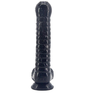 Take a look at an image of Glorious Staff Silicone 11 Inch Fantasy Dildo in pink color, highlighting its ribbed and veiny texture for a fantasy experience.