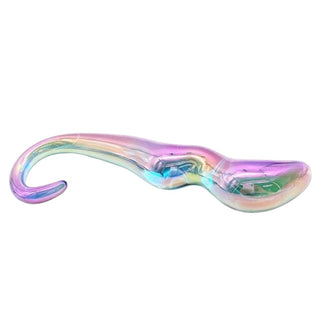 View of Rainbow Octopus Teardrop 7 Inch Glass Dildo for Women, showcasing its glossy physique and tapered head for G-spot or prostate play.