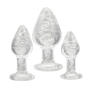 Glow in the dark glass butt plug set, trio of sizes for anal training