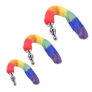 Featuring an image of Rainbow-Colored Metallic Cat Tail Plug showcasing the smooth, non-porous surface of the stainless steel plug.