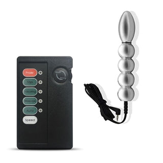 Electric Anal Massager with beaded stainless-steel shaft and power box for customizable pleasure.