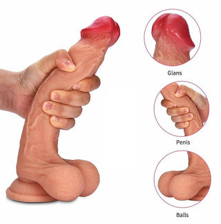 An image showing the realistic design of the Happiness Provider 8 Inch Suction Cup Toy With Testicles, complete with bulbous head for G-spot or prostate massage.