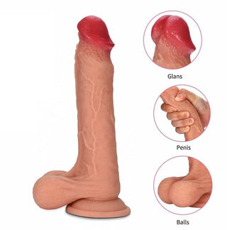 This is an image of the Happiness Provider 8 Inch Suction Cup Toy With Testicles, featuring a textured shaft with veins for added stimulation.