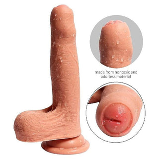 Image of Realistic 8 Inch Uncut Dildo With Foreskin - Skinlike shaft with foreskin and testicles for G-spot or prostate stimulation.