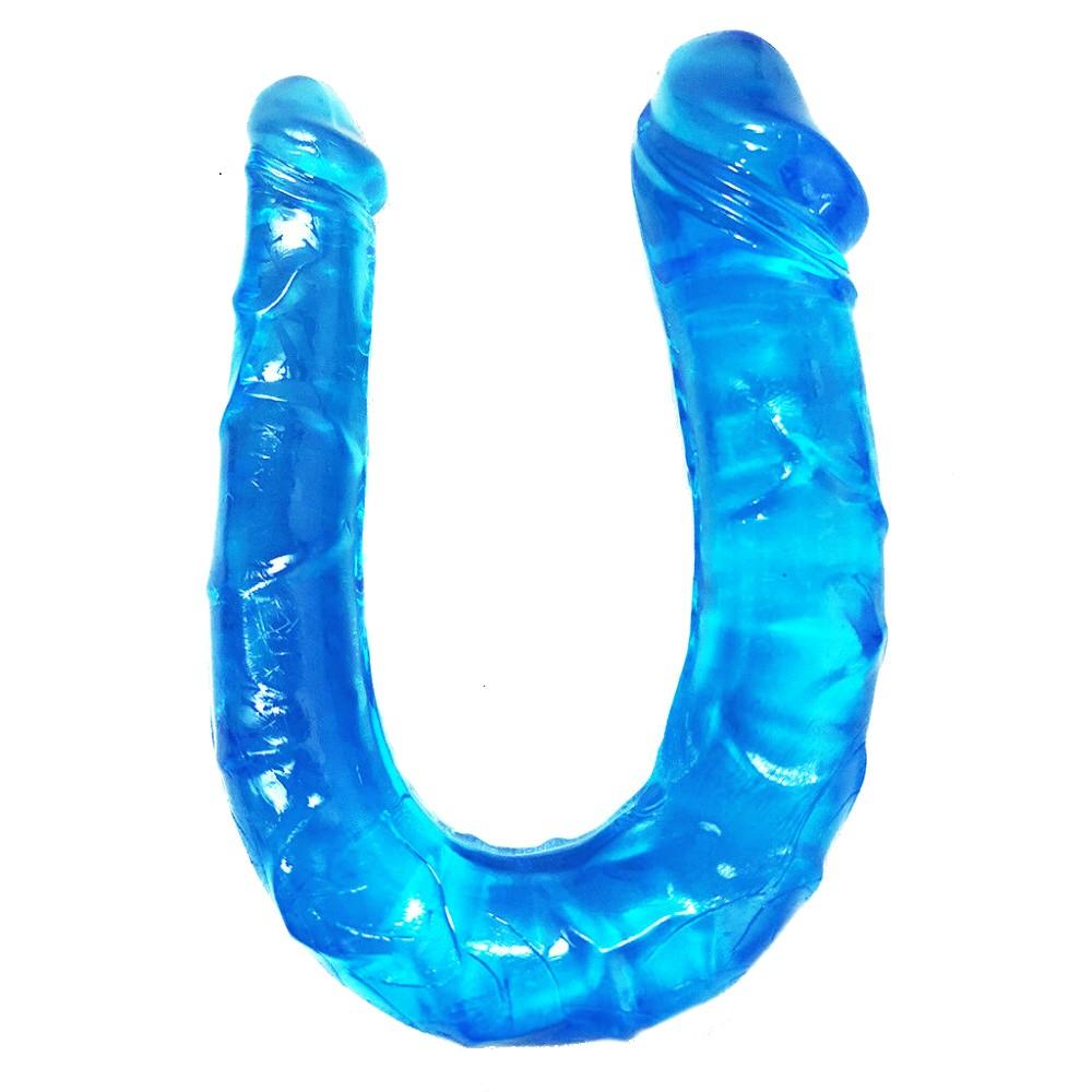 Check out an image of Jelly Double Head Long Anal Blue Dildo with premium flexible TPR material for ultimate pleasure.