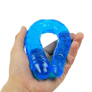 You are looking at an image of Blue Dildo with U-shaped design for dual vaginal and anal pleasure.