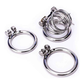 Observe an image of the Picky Pecker Metal Chastity Device with three ring size options.